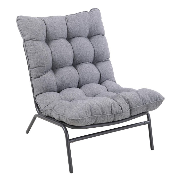 Fotel ogrodowy z grubą poduszką w szarym kolorze.