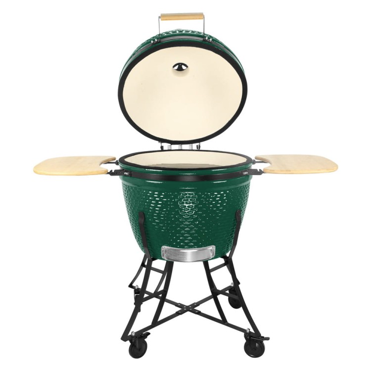 Grill ceramiczny węglowy z półkami bocznymi.