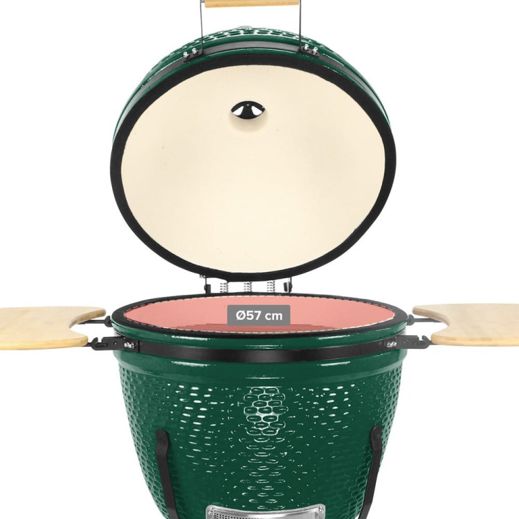 Grill ceramiczny węglowy z półkami bocznymi.