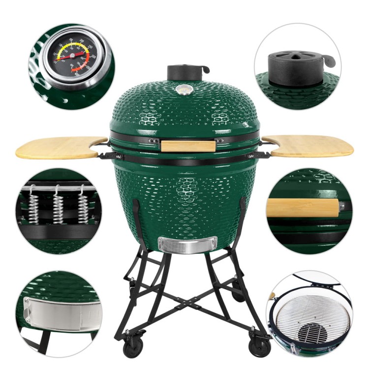 Grill ceramiczny węglowy z półkami bocznymi.