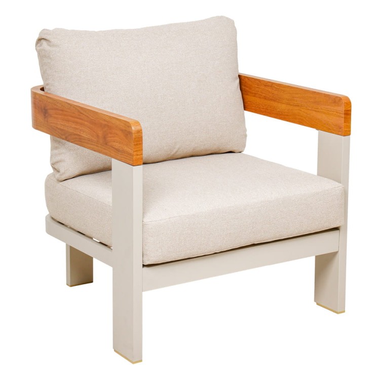 Zestaw mebli ogrodowych beżowych.