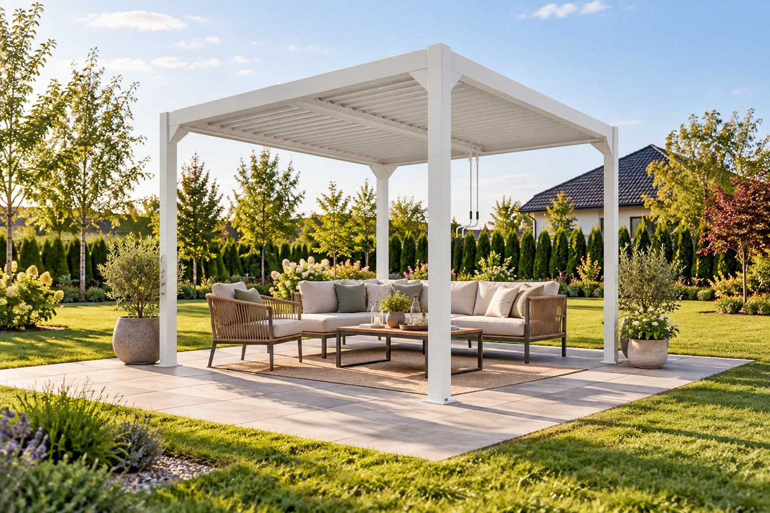 Biała pergola ogrodowa 4 × 4 m z regulowanym dachem i oświetleniem LED