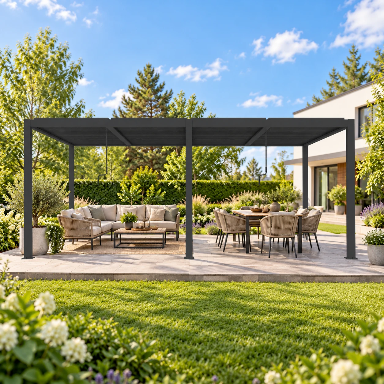 Antracytowa pergola ogrodowa 3 × 4 m z regulowanym dachem i oświetleniem LED
