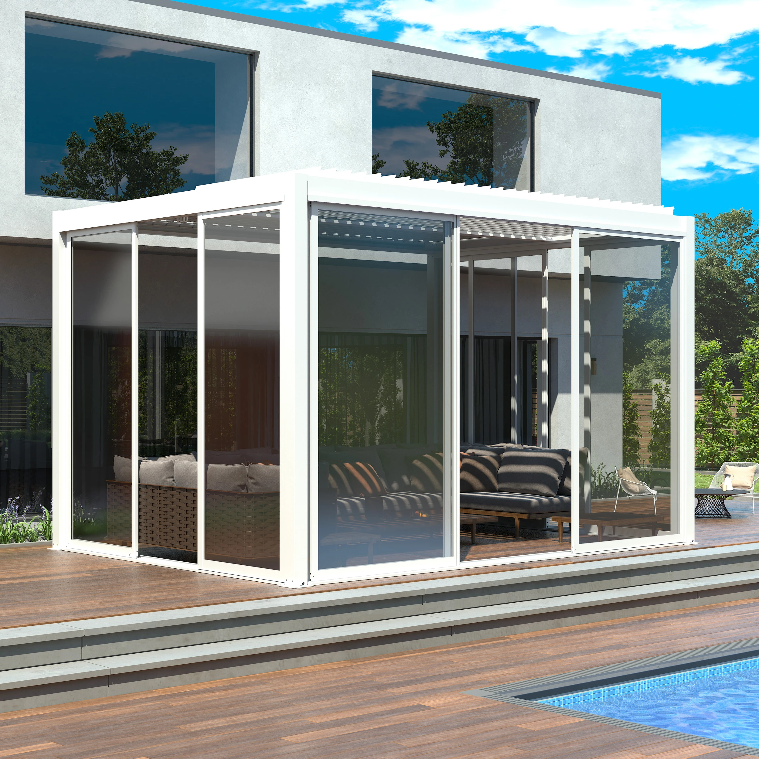 Drzwi przesuwne szklane S8 LUXE 270 × 238 cm do pergoli 3 m z białą konstrukcją