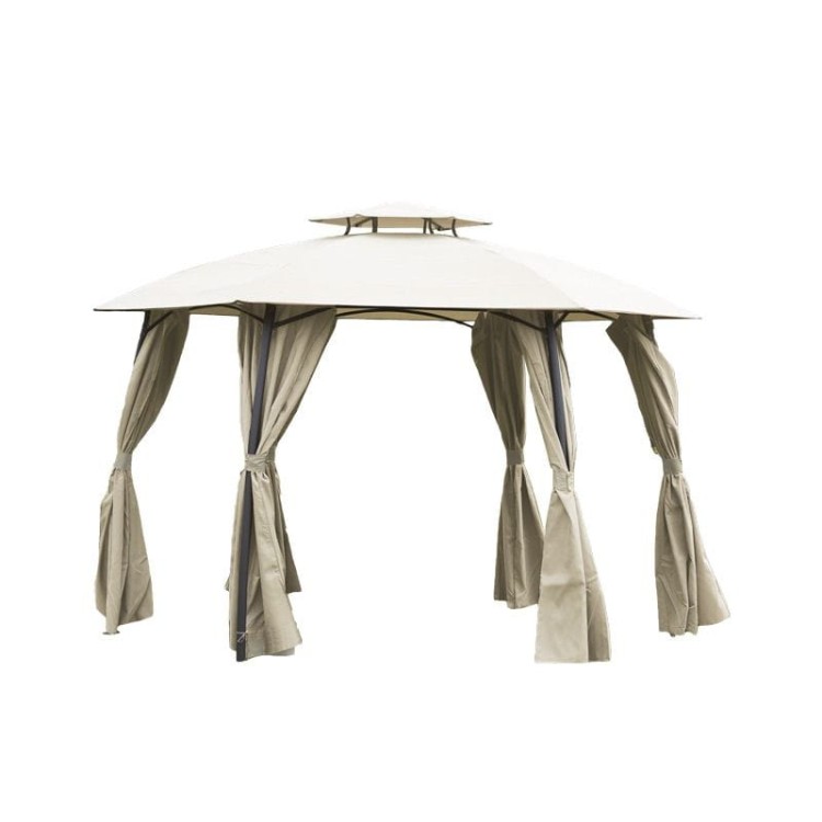 Beżowy pawilon ogrodowy.