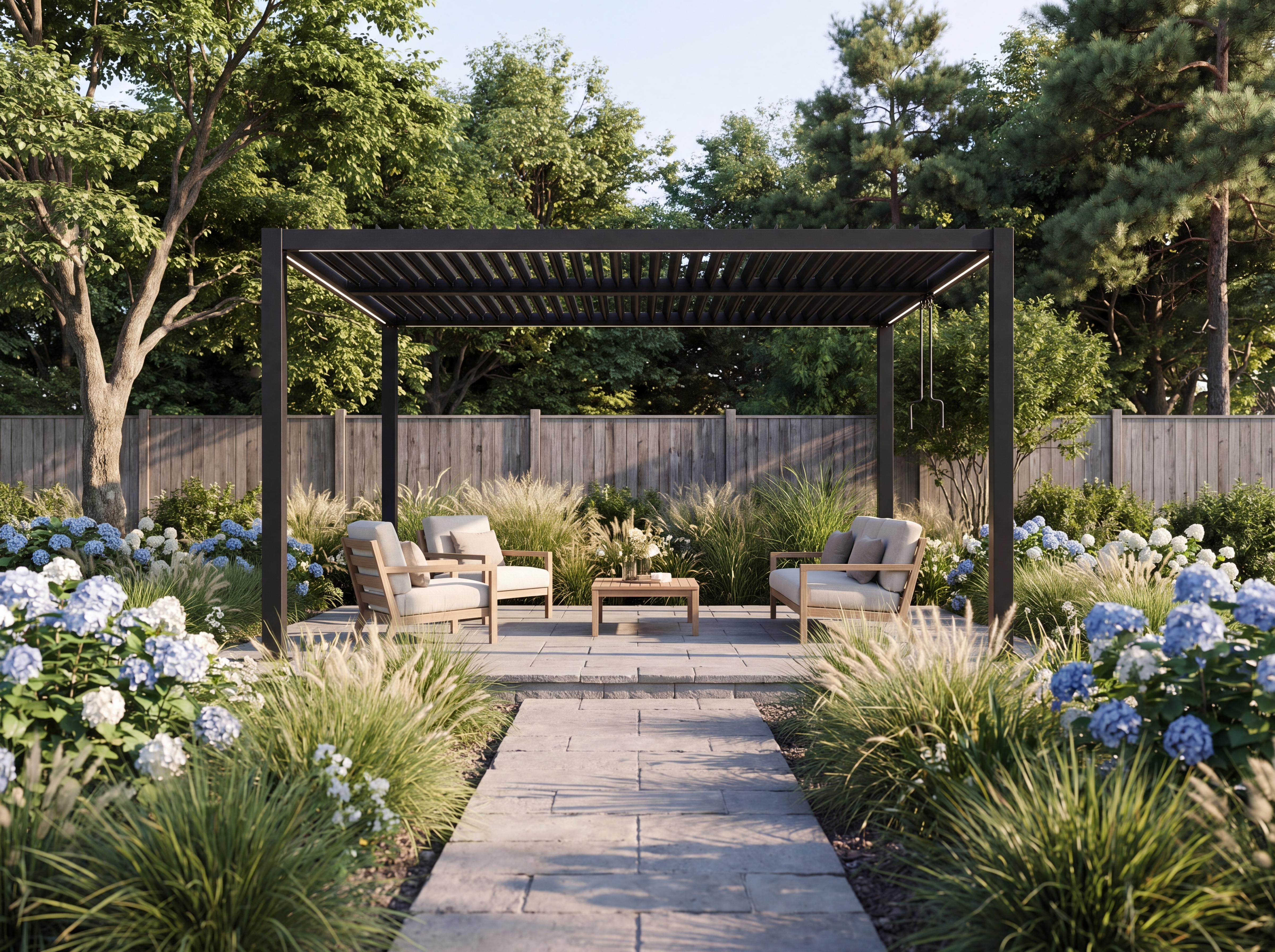 Antracytowa pergola ogrodowa 3 × 4 m z regulowanym dachem i oświetleniem LED