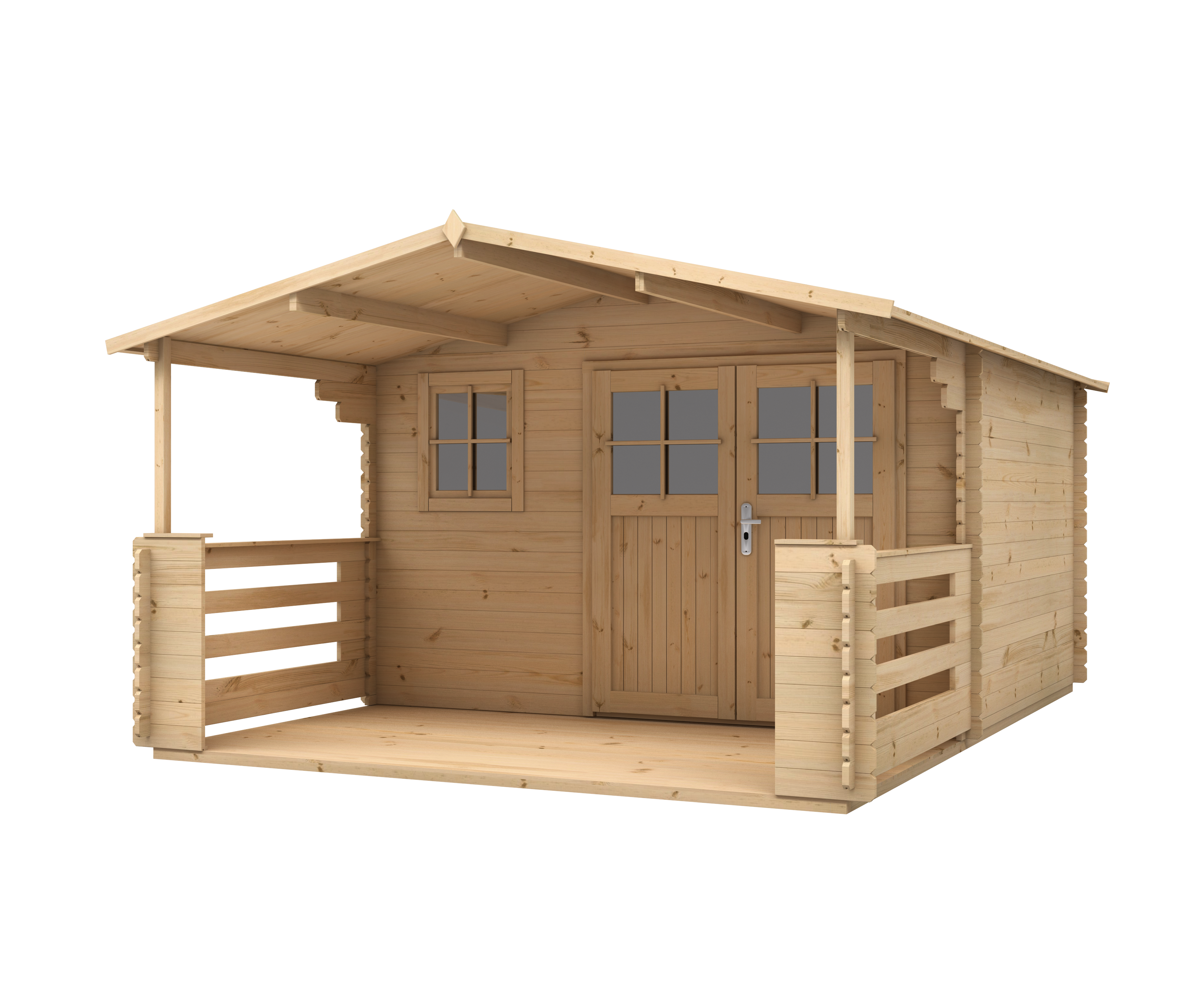 DREWNIANY DOMEK  348 x 298 cm OGRODOWY AGAWA ZE ŚWIERKU – Z TARASEM I ZADASZENIEM, DWUSKRZYDŁOWE DRZWI