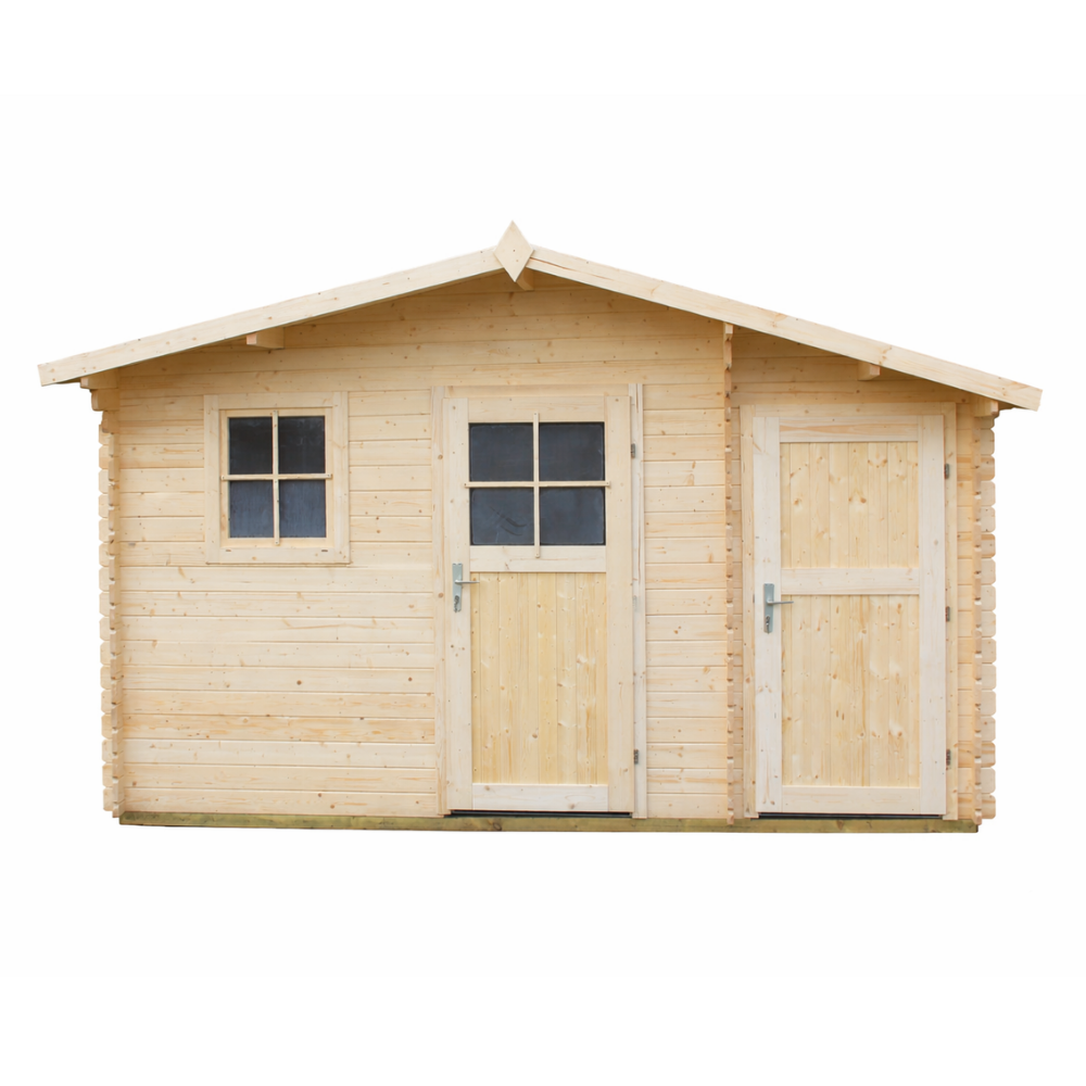 DREWNIANY DOMEK 440 x 414 cm OGRODOWY ZE ŚWIERKU – 2 POMIESZCZENIA, SCHOWEK NA NARZĘDZIA I STREFA REKREACYJNA