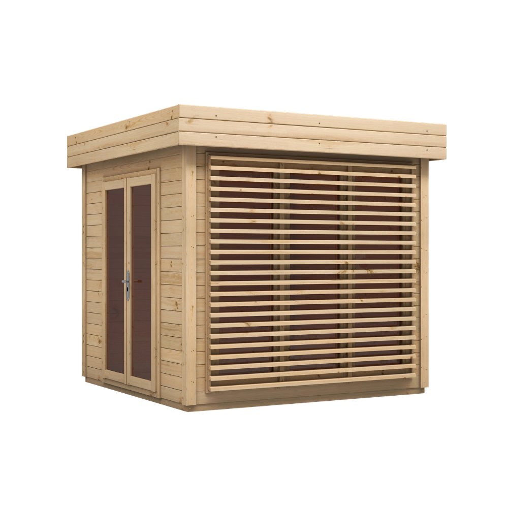 DREWNIANY DOMEK 270 x 270 cm OGRODOWY LAWENDA ZE ŚWIERKU Z PRZESZKLONYM FRONTEM I DRZWIAMI DWUSKRZYDŁOWYMI