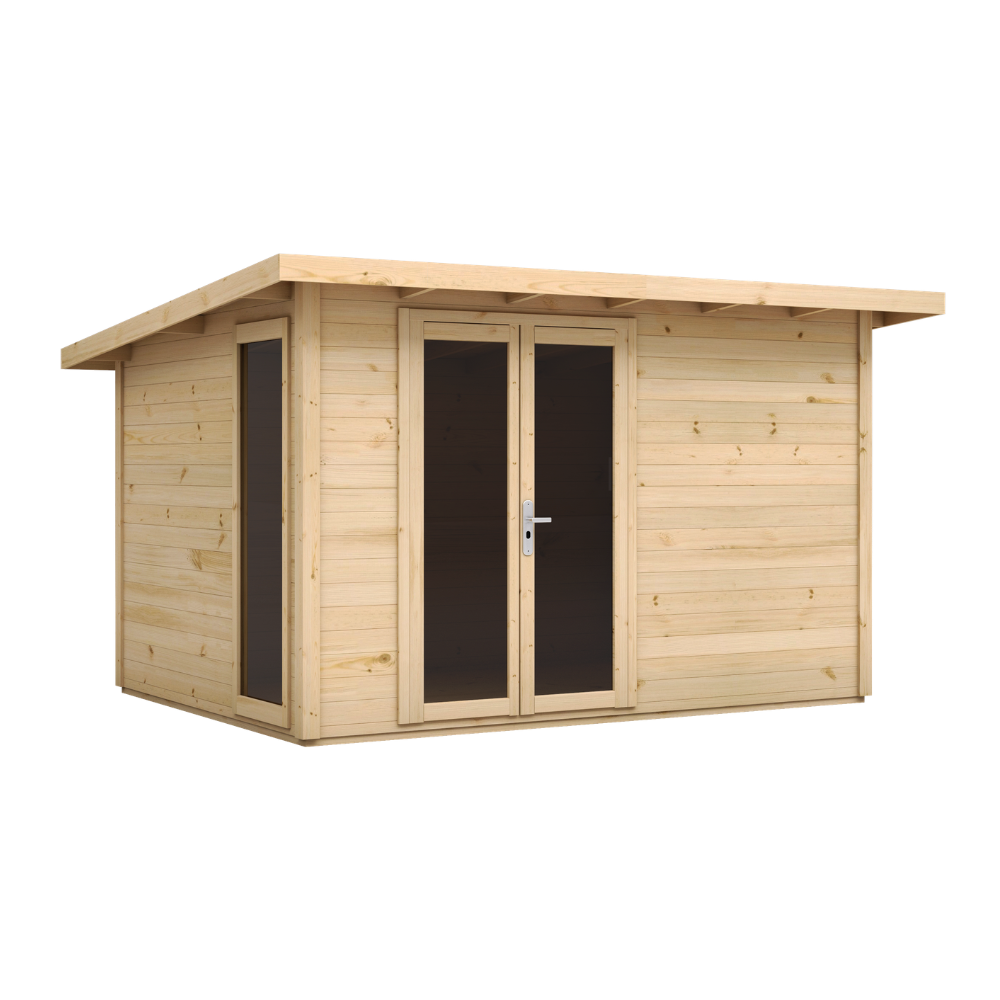 DREWNIANY DOMEK 344,4 x 244,4 cm NARZĘDZIOWY OGRODOWY KARMNIK ZE ŚWIERKU – SCHOWEK NA NARZĘDZIA Z PRZESZKLONYMI DRZWIAMI