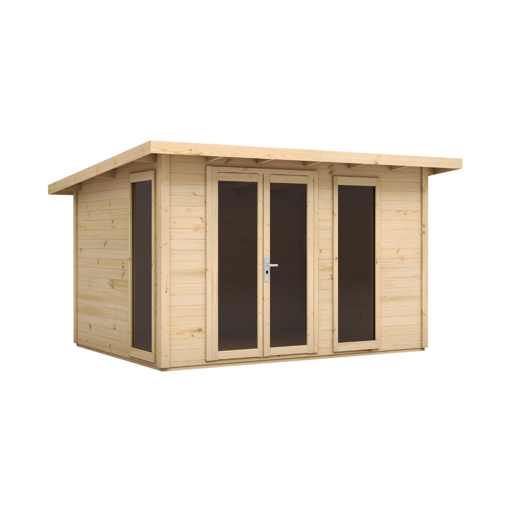 DREWNIANY DOMEK 344,4 x 244,4 cm OGRODOWY KARMNIK ZE ŚWIERKU – SCHOWEK NA NARZĘDZIA Z OKNAMI I PRZESZKLONYMI DRZWIAMI