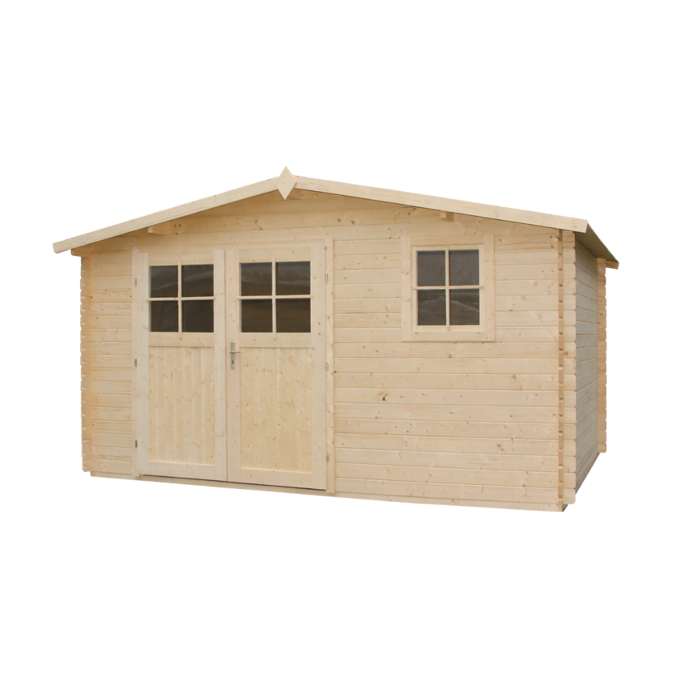 DREWNIANY DOMEK 440 x 340 x 234,5 cm OGRODOWY NARCYZ ZE ŚWIERKU – SCHOWEK NA NARZĘDZIA Z OKNEM I PRZESZKLONYMI DRZWIAMI