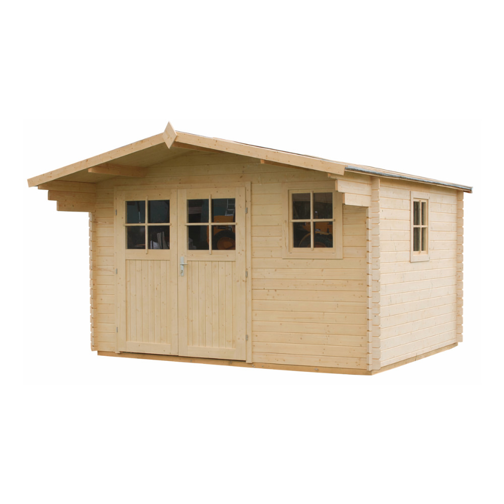 DREWNIANY DOMEK 390 x 416 cm OGRODOWY POWOJNIK ZE ŚWIERKU – SCHOWEK NA NARZĘDZIA Z 2 OKNAMI I ZADASZENIEM